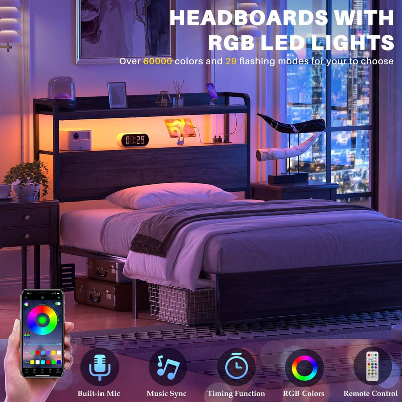 Twin Size Headboard with Power Outlets & LED Lights, Wood Headboard for Twin Bed, Easy Assembly