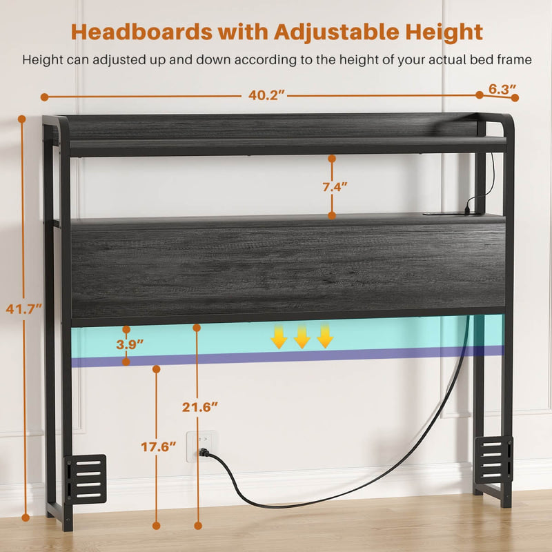 Twin Size Headboard with Power Outlets & LED Lights, Wood Headboard for Twin Bed, Easy Assembly