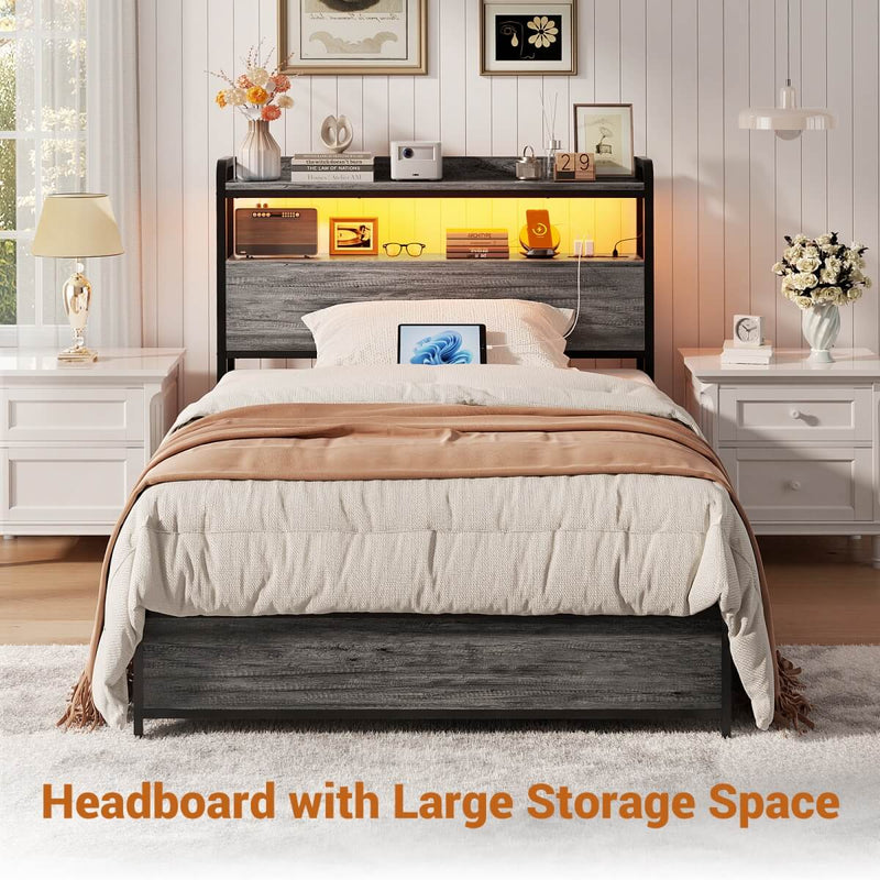 Twin Size Headboard with Power Outlets & LED Lights, Wood Headboard for Twin Bed, Easy Assembly