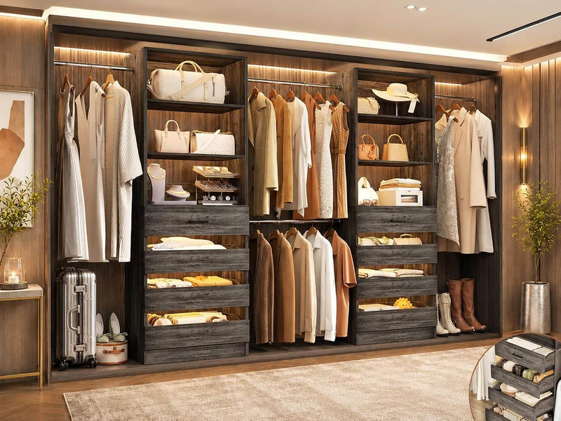 Custom Modular Closet System | 6–15 ft Walk-In Wood Organizer System with 8 Drawers & 4 Hanging Rods