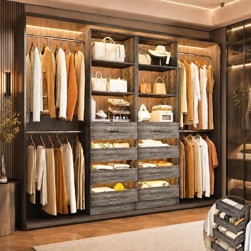 Closet System with 8 Drawers for 6-15 ft Closets, Modular Wood Closet Organizer with 4 Hanging Rods & Adjustable Shelves