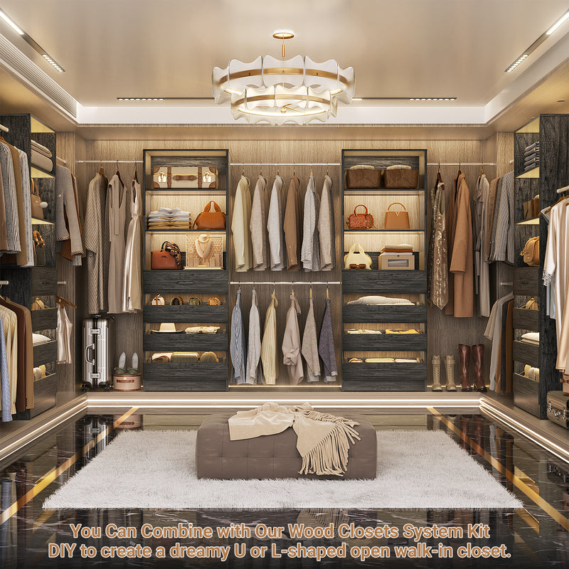Closet System with 8 Drawers for 6-15 ft Closets, Modular Wood Closet Organizer with 4 Hanging Rods & Adjustable Shelves