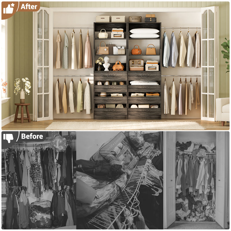 Closet System with 8 Drawers for 6-15 ft Closets, Modular Wood Closet Organizer with 4 Hanging Rods & Adjustable Shelves