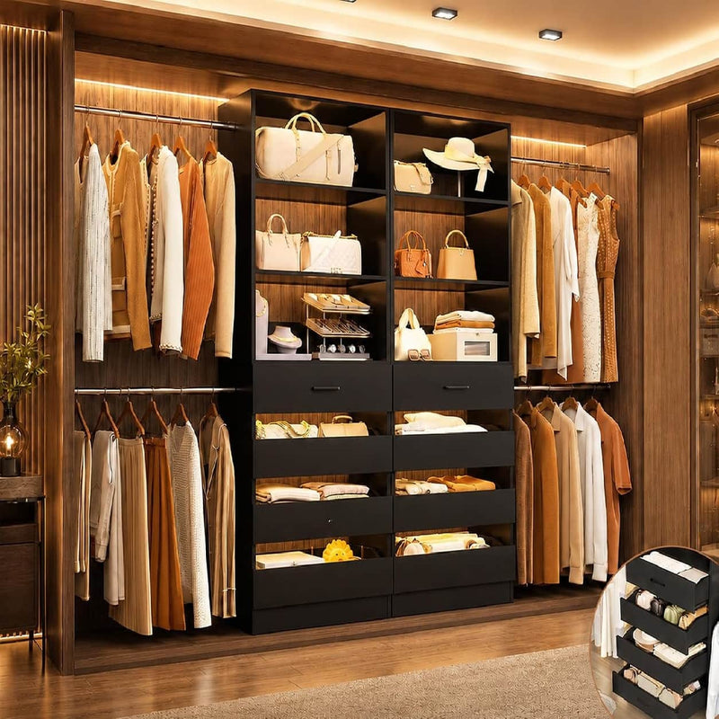 Closet System with 8 Drawers for 6-15 ft Closets, Modular Wood Closet Organizer with 4 Hanging Rods & Adjustable Shelves