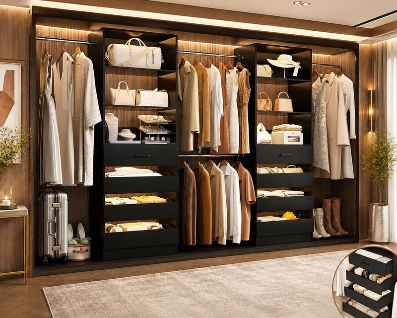 Custom Modular Closet System | 6–15 ft Walk-In Wood Organizer System with 8 Drawers & 4 Hanging Rods