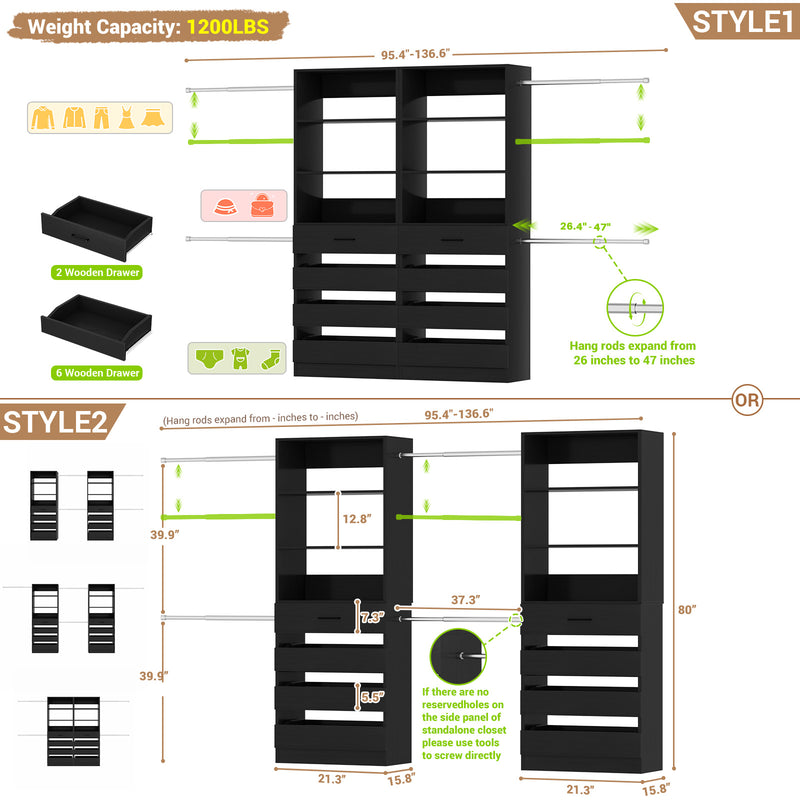 Closet System with 8 Drawers for 6-15 ft Closets, Modular Wood Closet Organizer with 4 Hanging Rods & Adjustable Shelves
