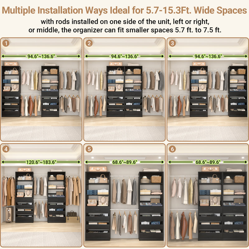 Closet System with 8 Drawers for 6-15 ft Closets, Modular Wood Closet Organizer with 4 Hanging Rods & Adjustable Shelves
