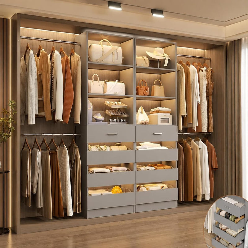 Closet System with 8 Drawers for 6-15 ft Closets, Modular Wood Closet Organizer with 4 Hanging Rods & Adjustable Shelves