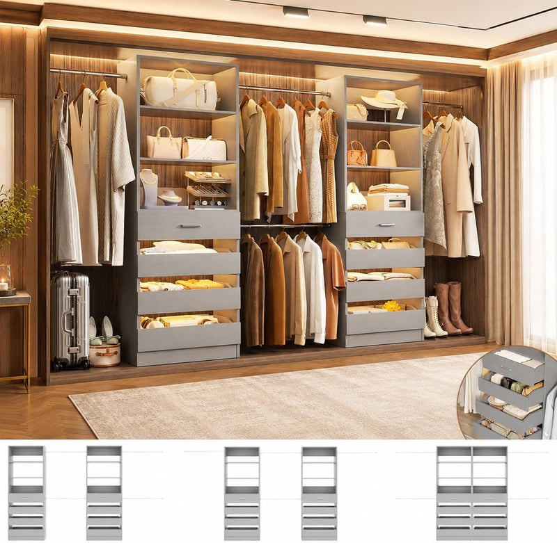 Custom Modular Closet System | 6–15 ft Walk-In Wood Organizer System with 8 Drawers & 4 Hanging Rods