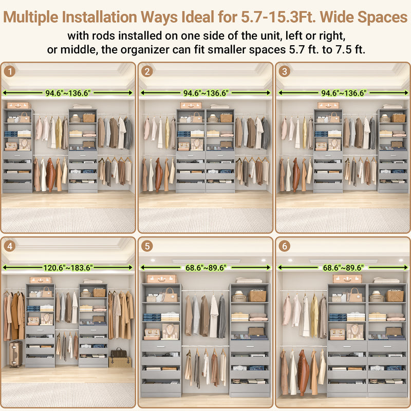 Custom Modular Closet System | 6–15 ft Walk-In Wood Organizer System with 8 Drawers & 4 Hanging Rods