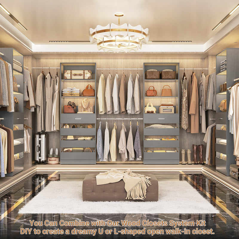 Closet System with 8 Drawers for 6-15 ft Closets, Modular Wood Closet Organizer with 4 Hanging Rods & Adjustable Shelves