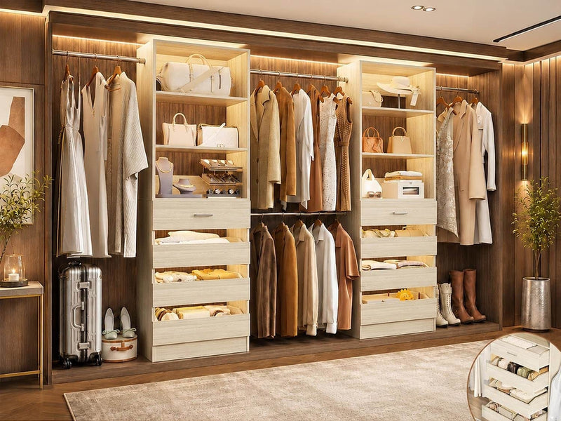Custom Modular Closet System | 6–15 ft Walk-In Wood Organizer System with 8 Drawers & 4 Hanging Rods