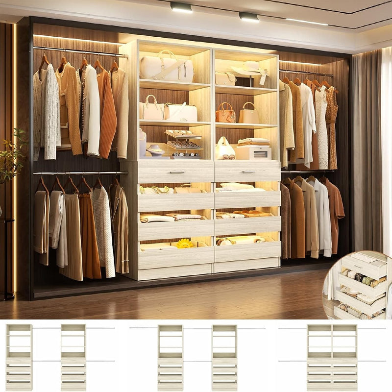 Closet System with 8 Drawers for 6-15 ft Closets, Modular Wood Closet Organizer with 4 Hanging Rods & Adjustable Shelves