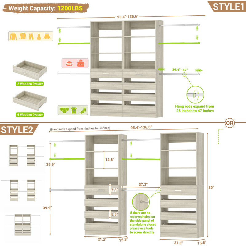 Custom Modular Closet System | 6–15 ft Walk-In Wood Organizer System with 8 Drawers & 4 Hanging Rods