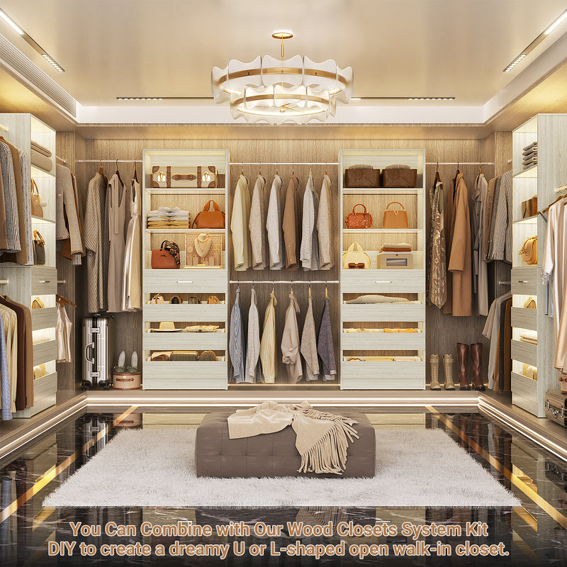 Closet System with 8 Drawers for 6-15 ft Closets, Modular Wood Closet Organizer with 4 Hanging Rods & Adjustable Shelves