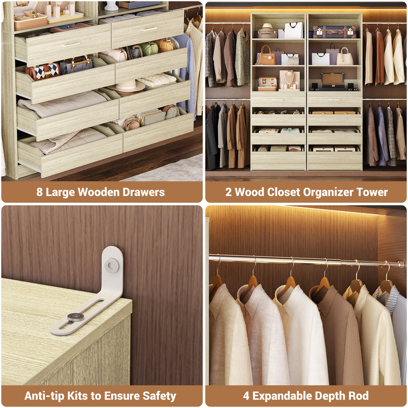 Custom Modular Closet System | 6–15 ft Walk-In Wood Organizer System with 8 Drawers & 4 Hanging Rods