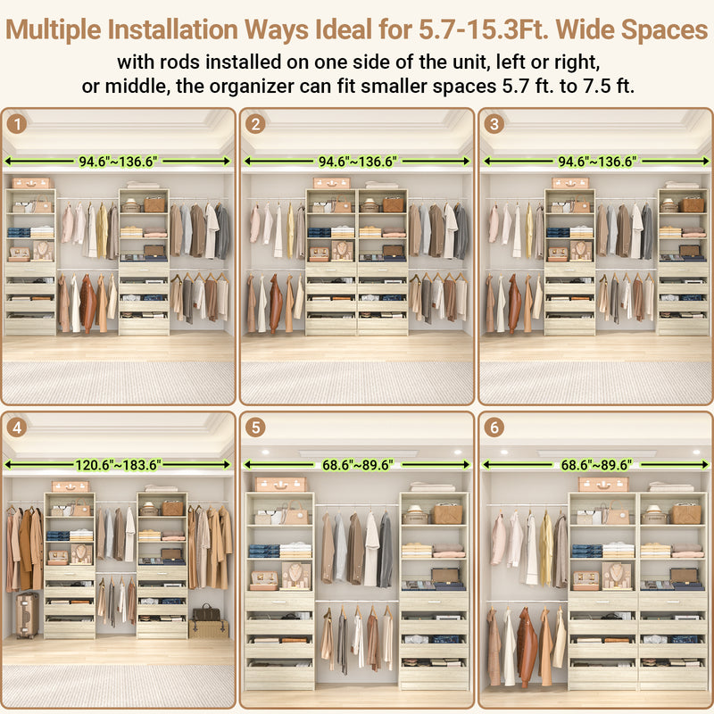 Custom Modular Closet System | 6–15 ft Walk-In Wood Organizer System with 8 Drawers & 4 Hanging Rods