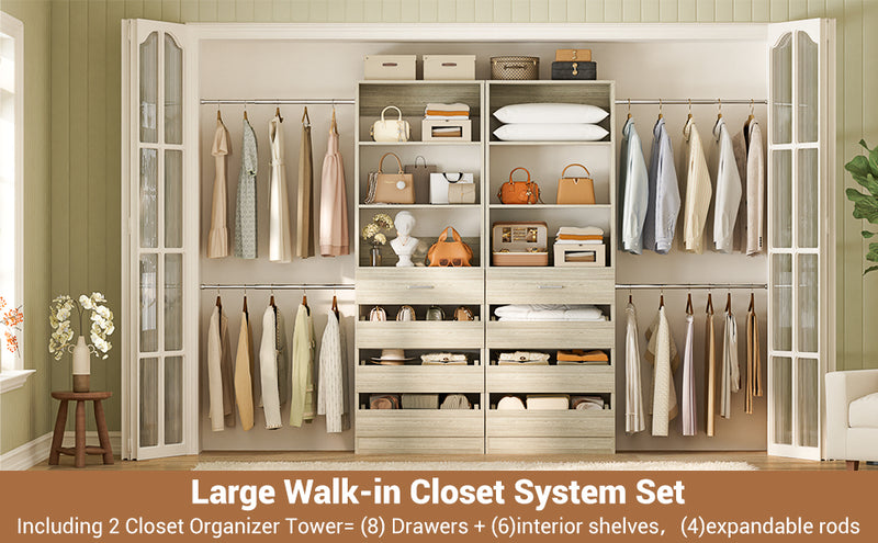 Custom Modular Closet System | 6–15 ft Walk-In Wood Organizer System with 8 Drawers & 4 Hanging Rods