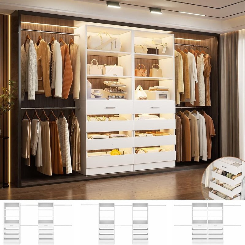 Closet System with 8 Drawers for 6-15 ft Closets, Modular Wood Closet Organizer with 4 Hanging Rods & Adjustable Shelves