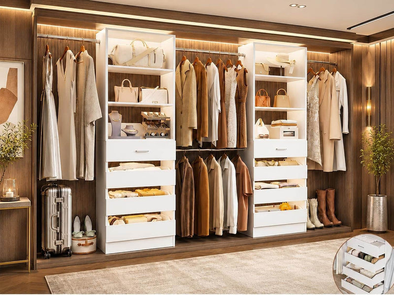 Custom Modular Closet System | 6–15 ft Walk-In Wood Organizer System with 8 Drawers & 4 Hanging Rods