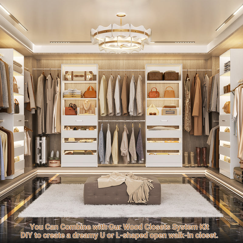 Closet System with 8 Drawers for 6-15 ft Closets, Modular Wood Closet Organizer with 4 Hanging Rods & Adjustable Shelves