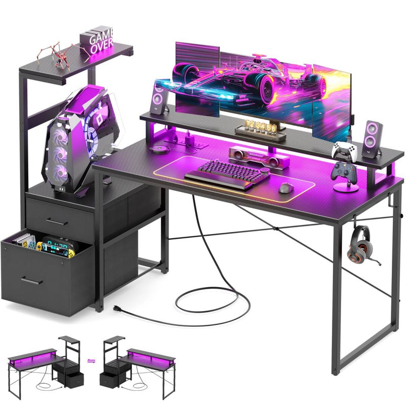 60 Inch Reversible Gaming Desk with LED Lights, Outlets & Drawers