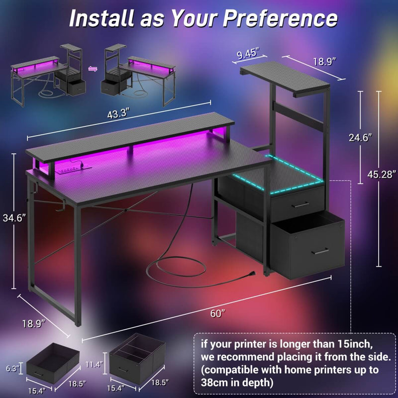 60 Inch Reversible Gaming Desk with LED Lights, Outlets & Drawers