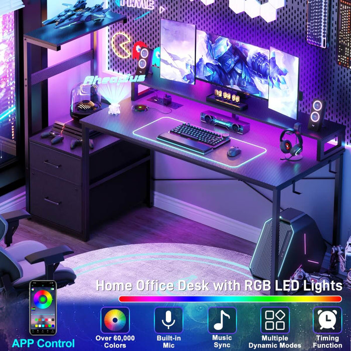 60 Inch Reversible Gaming Desk with LED Lights, Outlets & Drawers