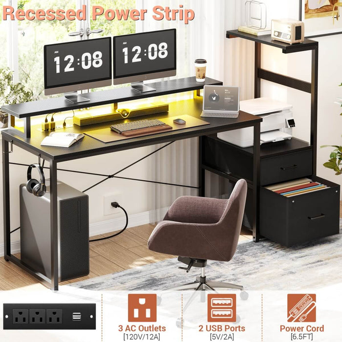 60 Inch Reversible Gaming Desk with LED Lights, Outlets & Drawers