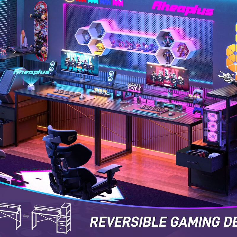 60 Inch Reversible Gaming Desk with LED Lights, Outlets & Drawers