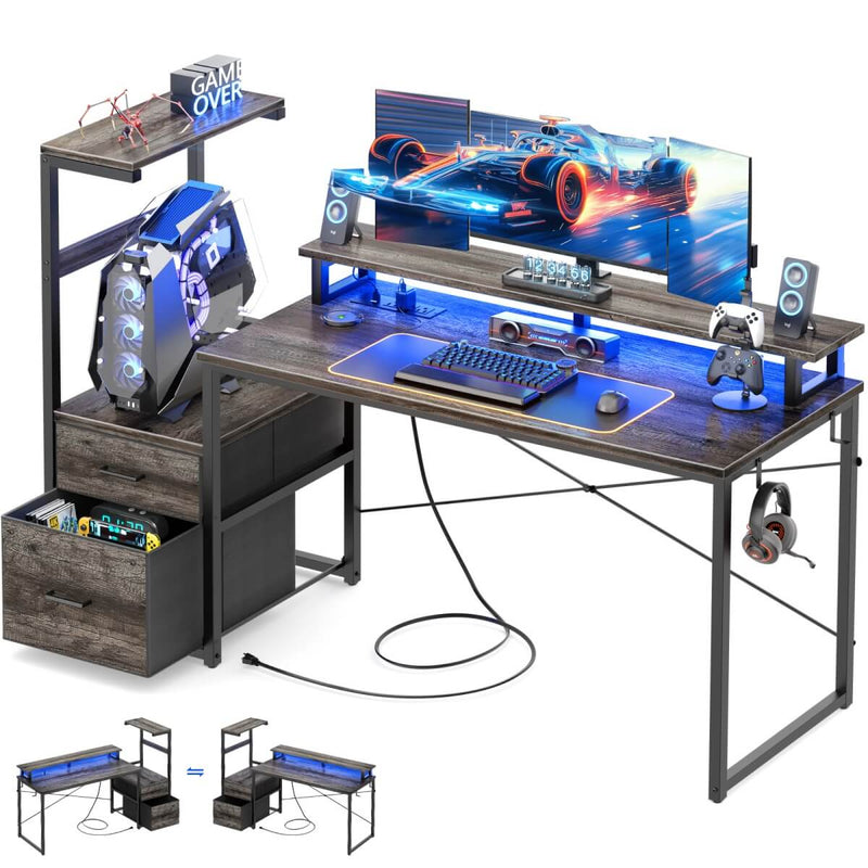 60 Inch Reversible Gaming Desk with LED Lights, Outlets & Drawers