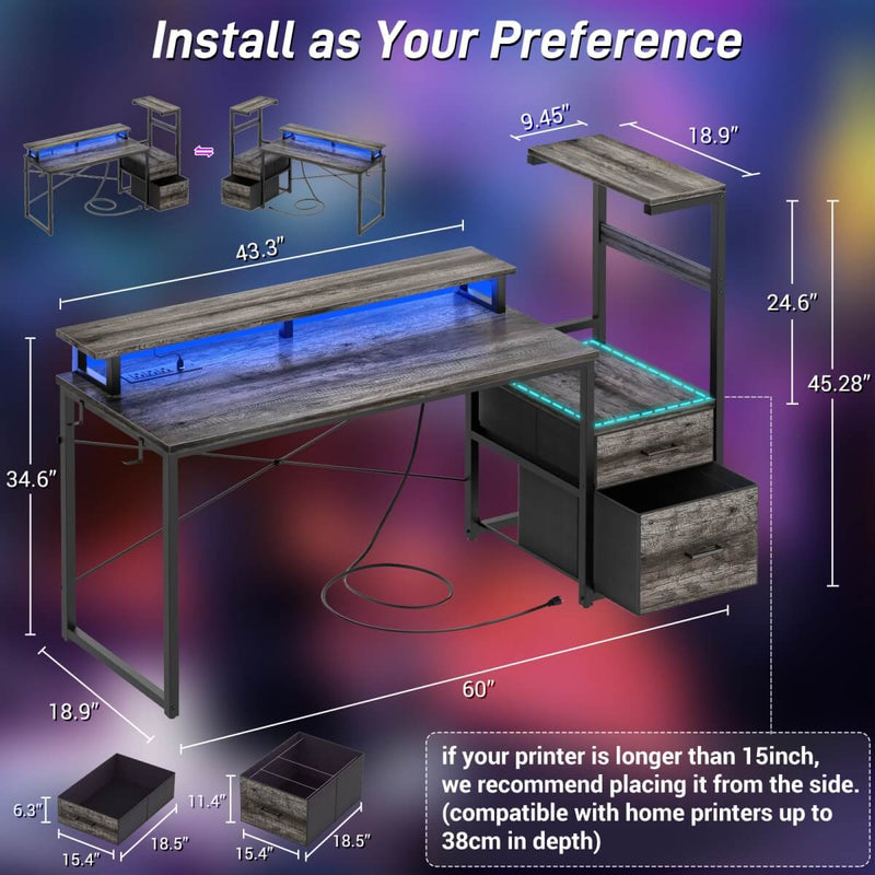 60 Inch Reversible Gaming Desk with LED Lights, Outlets & Drawers