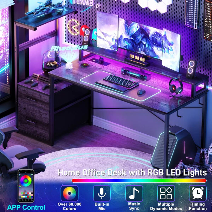60 Inch Reversible Gaming Desk with LED Lights, Outlets & Drawers