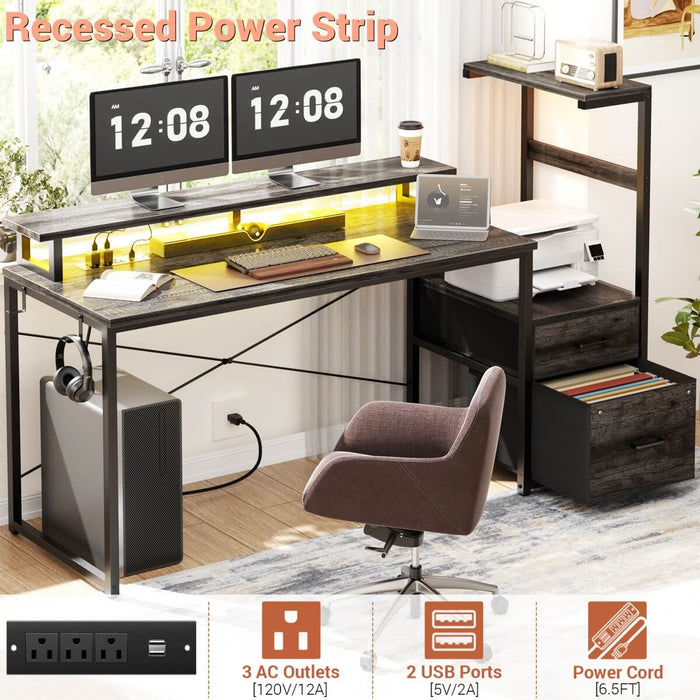 60 Inch Reversible Gaming Desk with LED Lights, Outlets & Drawers