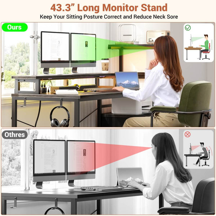 60 Inch Reversible Gaming Desk with LED Lights, Outlets & Drawers