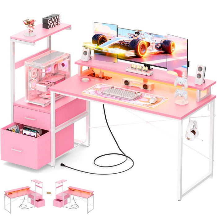60 Inch Reversible Gaming Desk with LED Lights, Outlets & Drawers