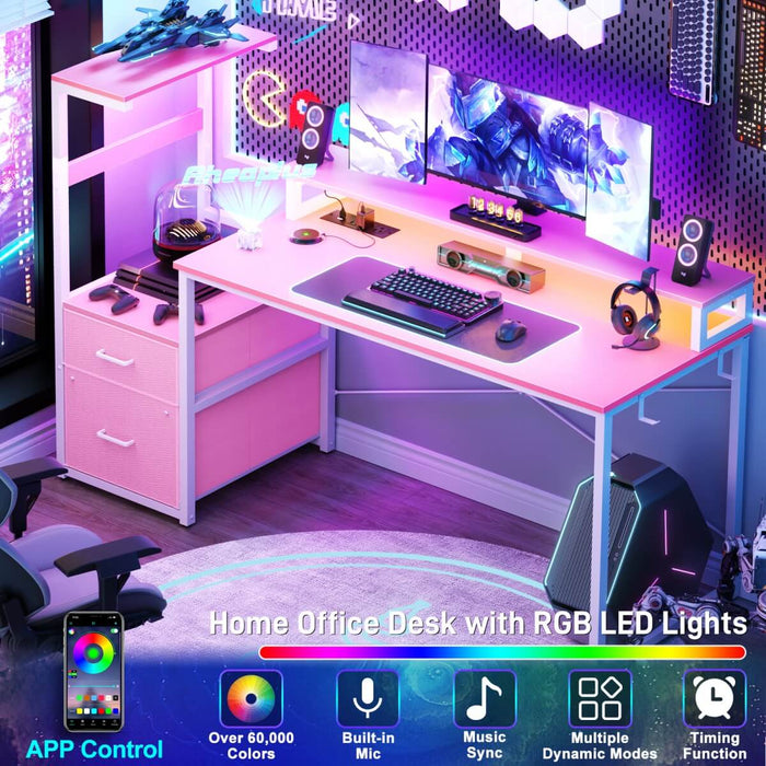 60 Inch Reversible Gaming Desk with LED Lights, Outlets & Drawers
