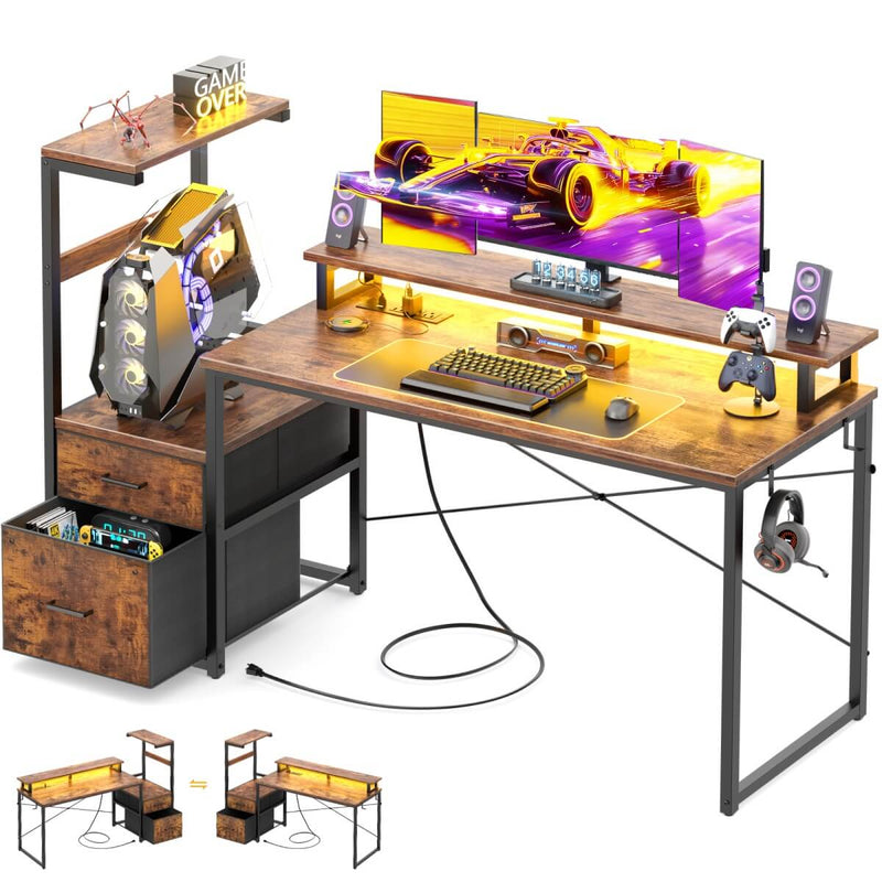 60 Inch Reversible Gaming Desk with LED Lights, Outlets & Drawers