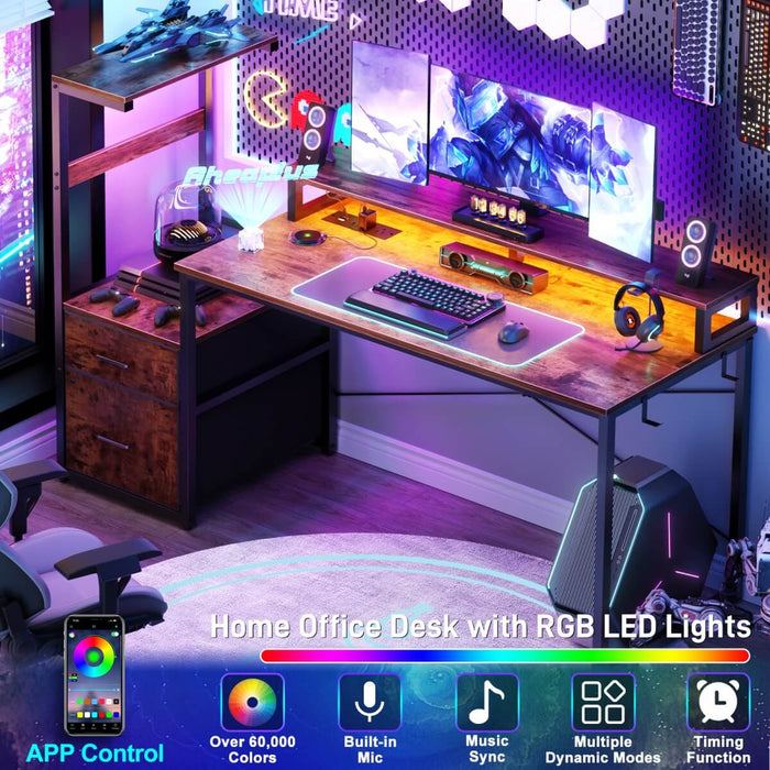 60 Inch Reversible Gaming Desk with LED Lights, Outlets & Drawers
