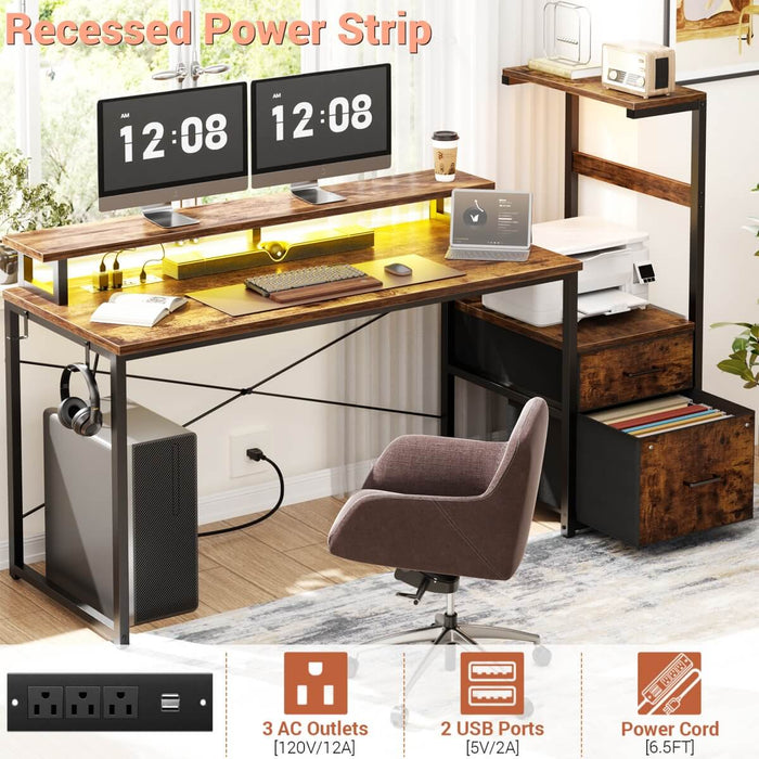 60 Inch Reversible Gaming Desk with LED Lights, Outlets & Drawers