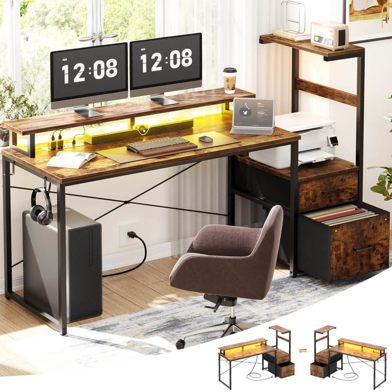 60 Inch Reversible Gaming Desk with LED Lights, Outlets & Drawers