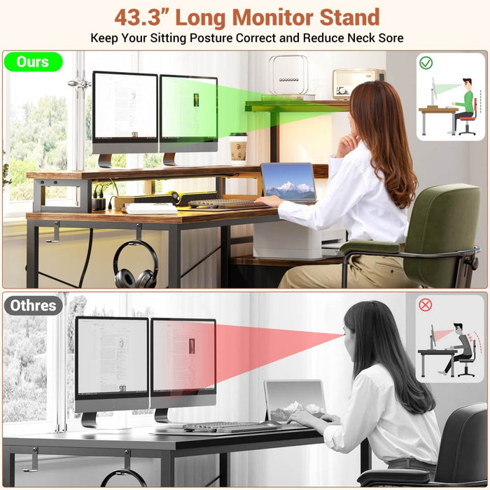60 Inch Reversible Gaming Desk with LED Lights, Outlets & Drawers