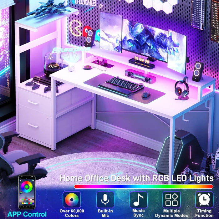 60 Inch Reversible Gaming Desk with LED Lights, Outlets & Drawers
