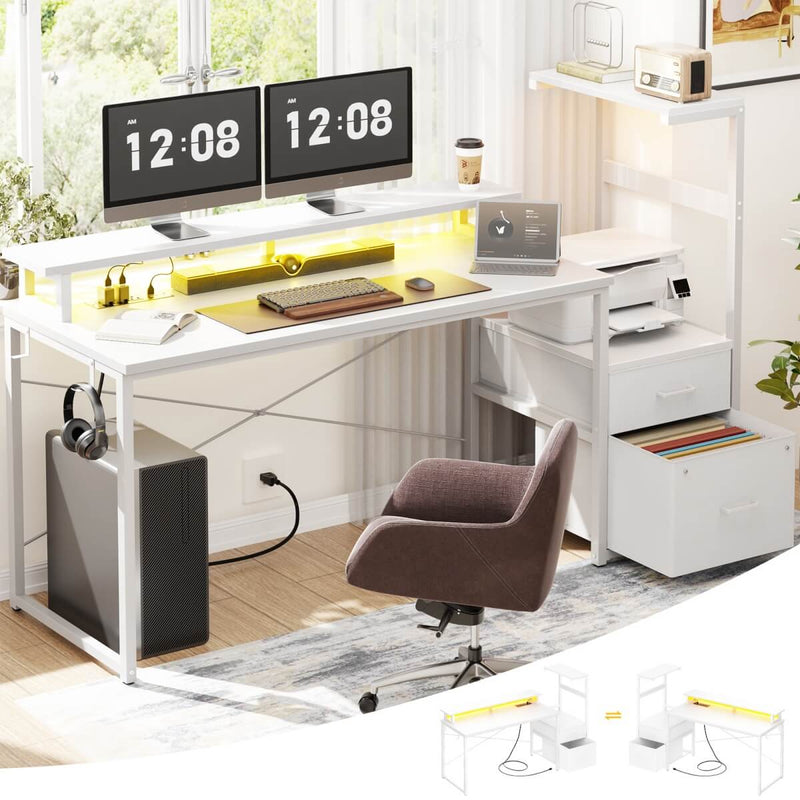 60 Inch Reversible Gaming Desk with LED Lights, Outlets & Drawers