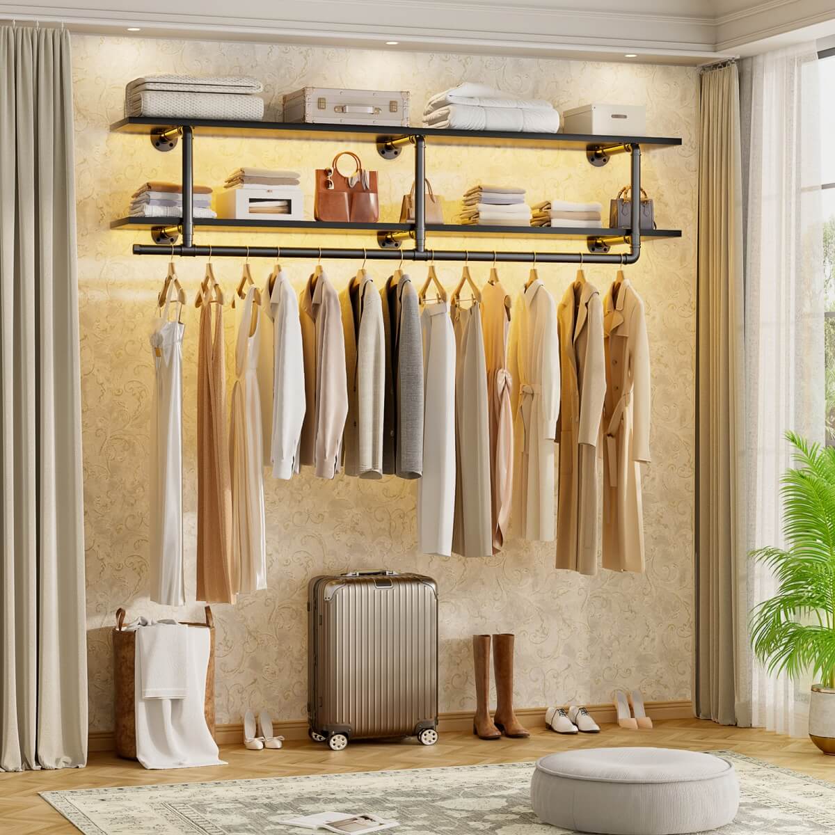 Wall Mount Pipe Racking Aheaplus 47 inches Wall Mounted Pipe Clothes Rack with Top Shelf