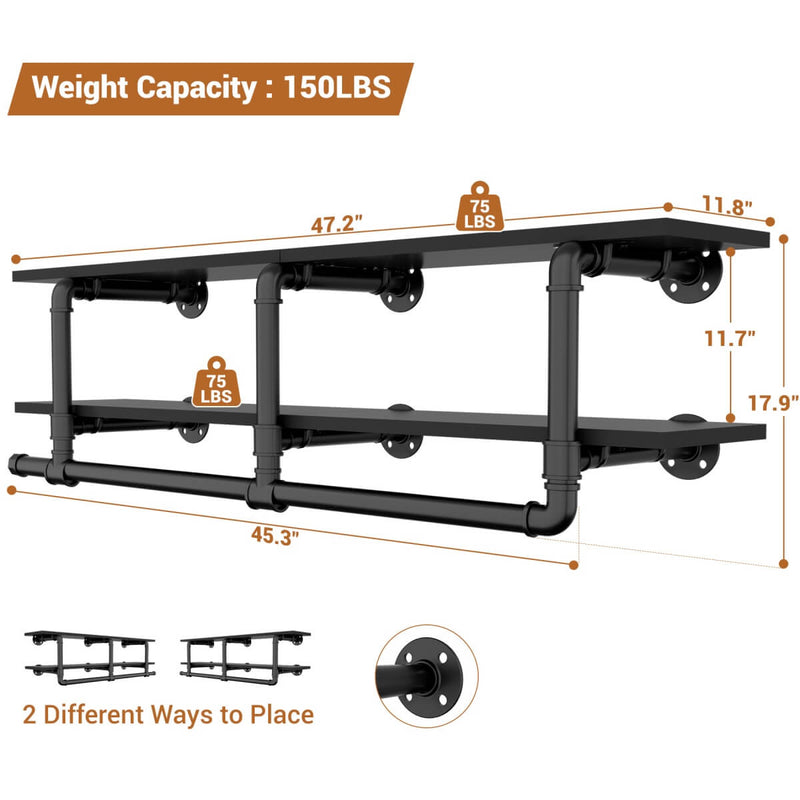47 inches Wall Mounted Pipe Clothes Rack with Top Shelf