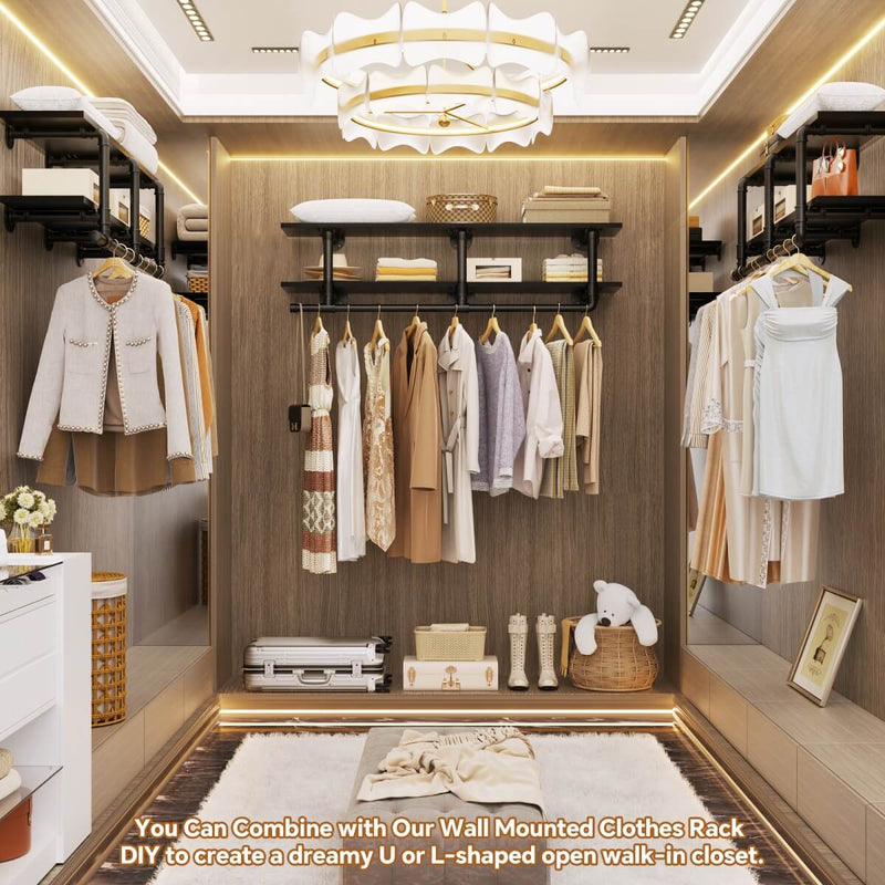 47 inches Wall Mounted Pipe Clothes Rack with Top Shelf