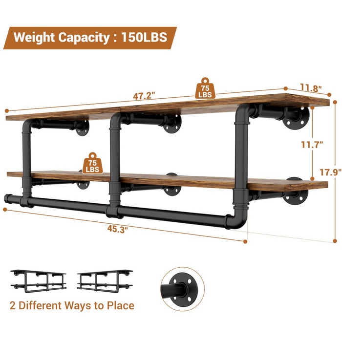47 inches Wall Mounted Pipe Clothes Rack with Top Shelf