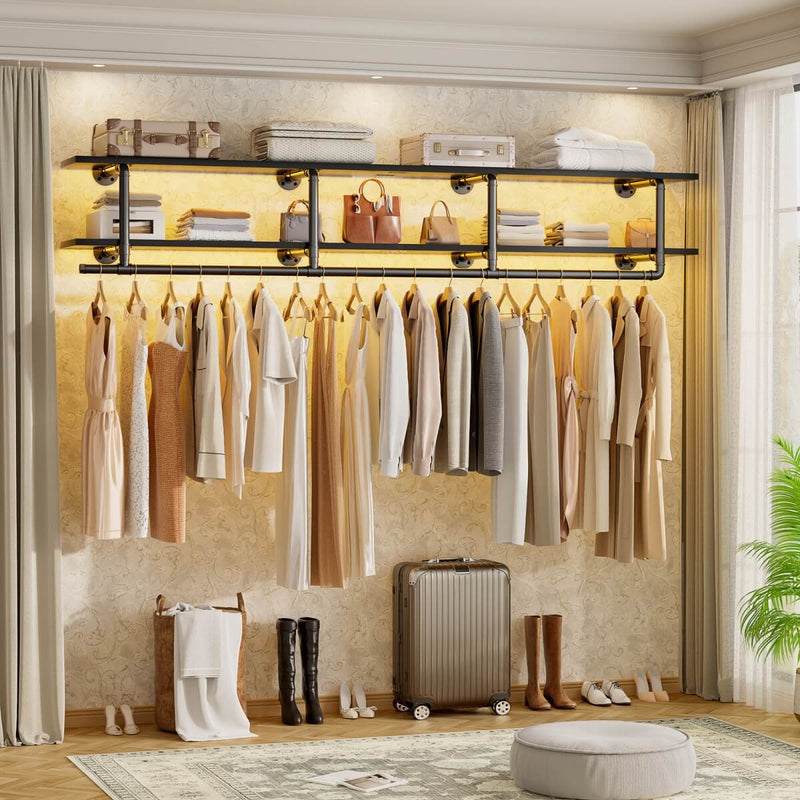59 inches Wall Mounted Pipe Clothes Rack with Top Shelf