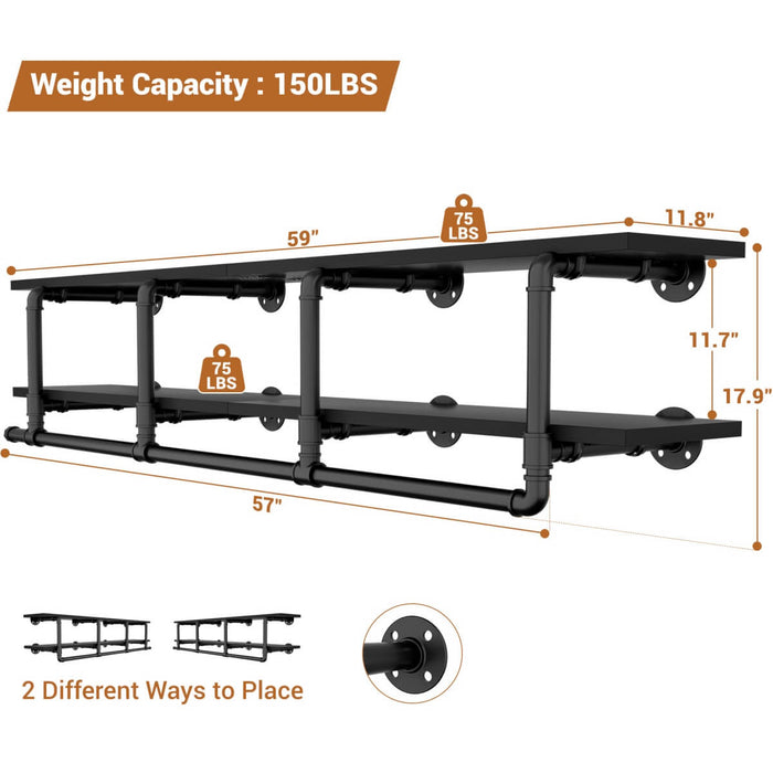 59 inches Wall Mounted Pipe Clothes Rack with Top Shelf